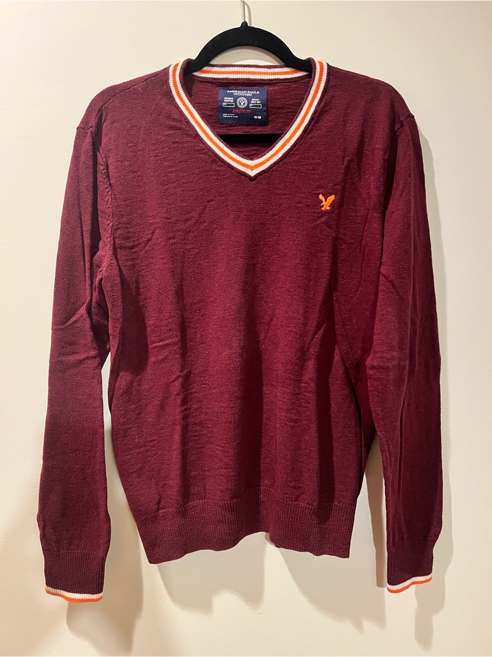 American Eagle Outfitters Men's Burgundy V-Neck Sweater with Orange Trim